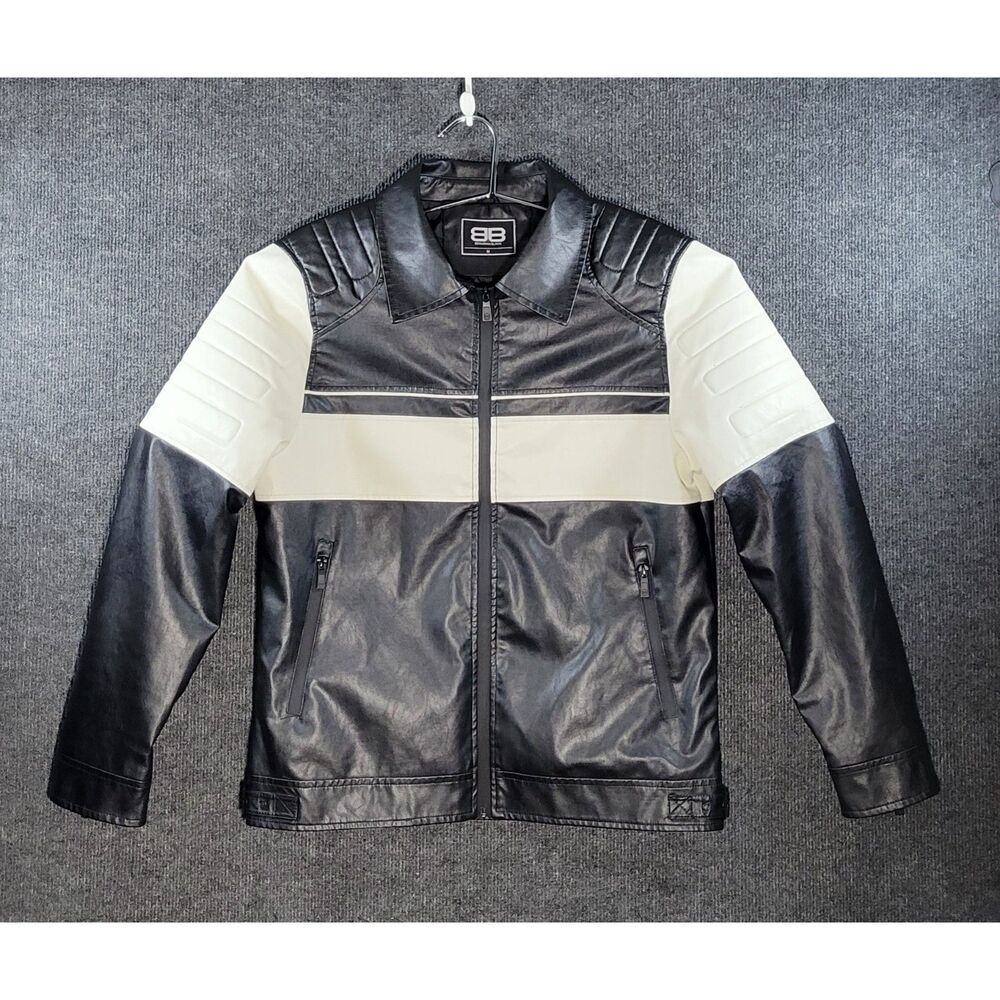 Benjamin Black Mens Faux Leather Jacket Medium Black White Moto Biker